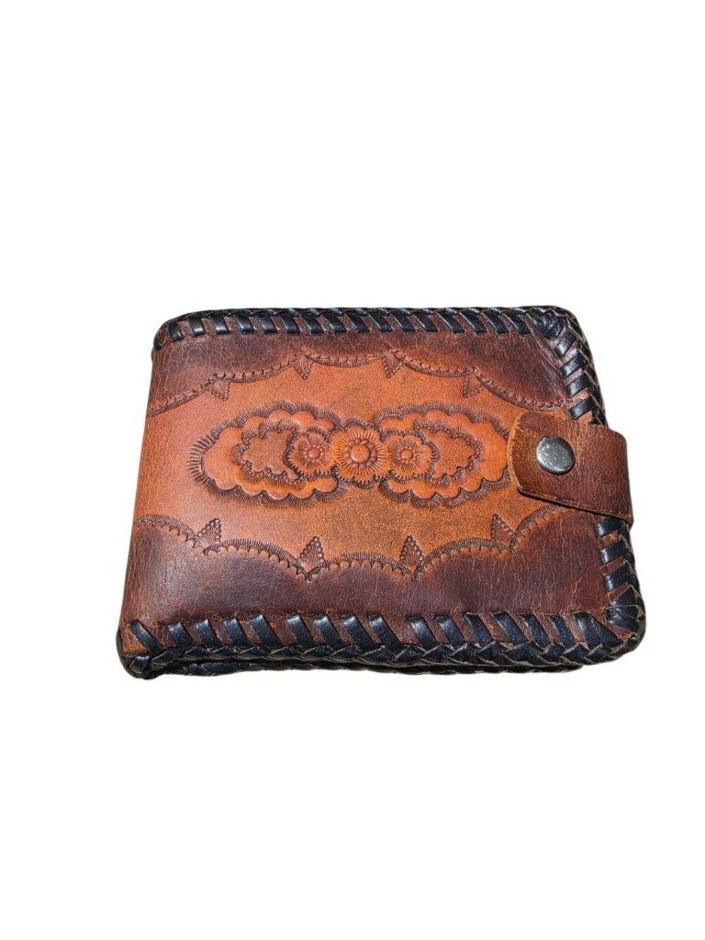 Vintage Hand Tooled Leather Western Bifold Wallet Cowboy Boho Braided Edge GUC